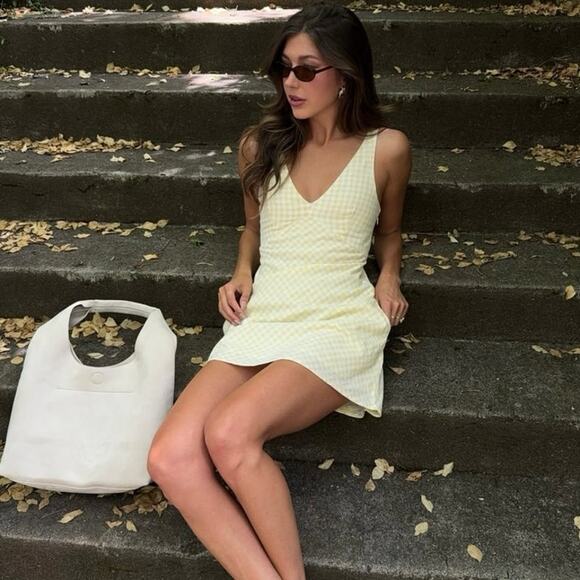 Abercrombie & Fitch Linen Gingham Mini Dress Yellow White V-Neck EUC Sz S - Picture 11 of 11